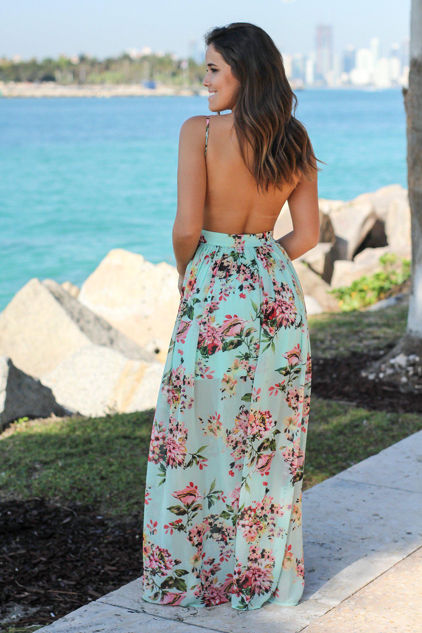 Mint Floral Maxi Dress with Open Back ...